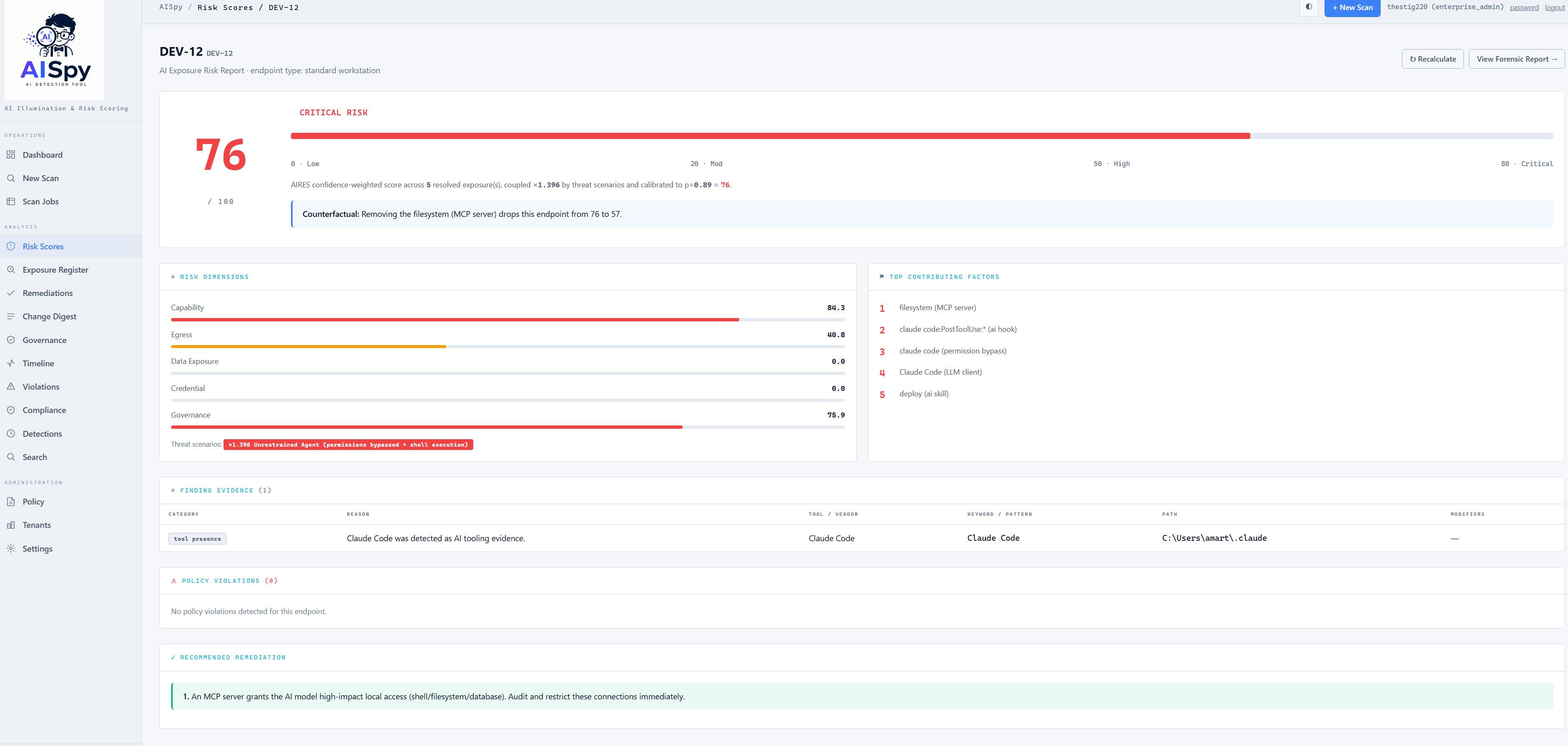 DEV-12 endpoint scored 76 Critical with risk dimensions and contributing factors.