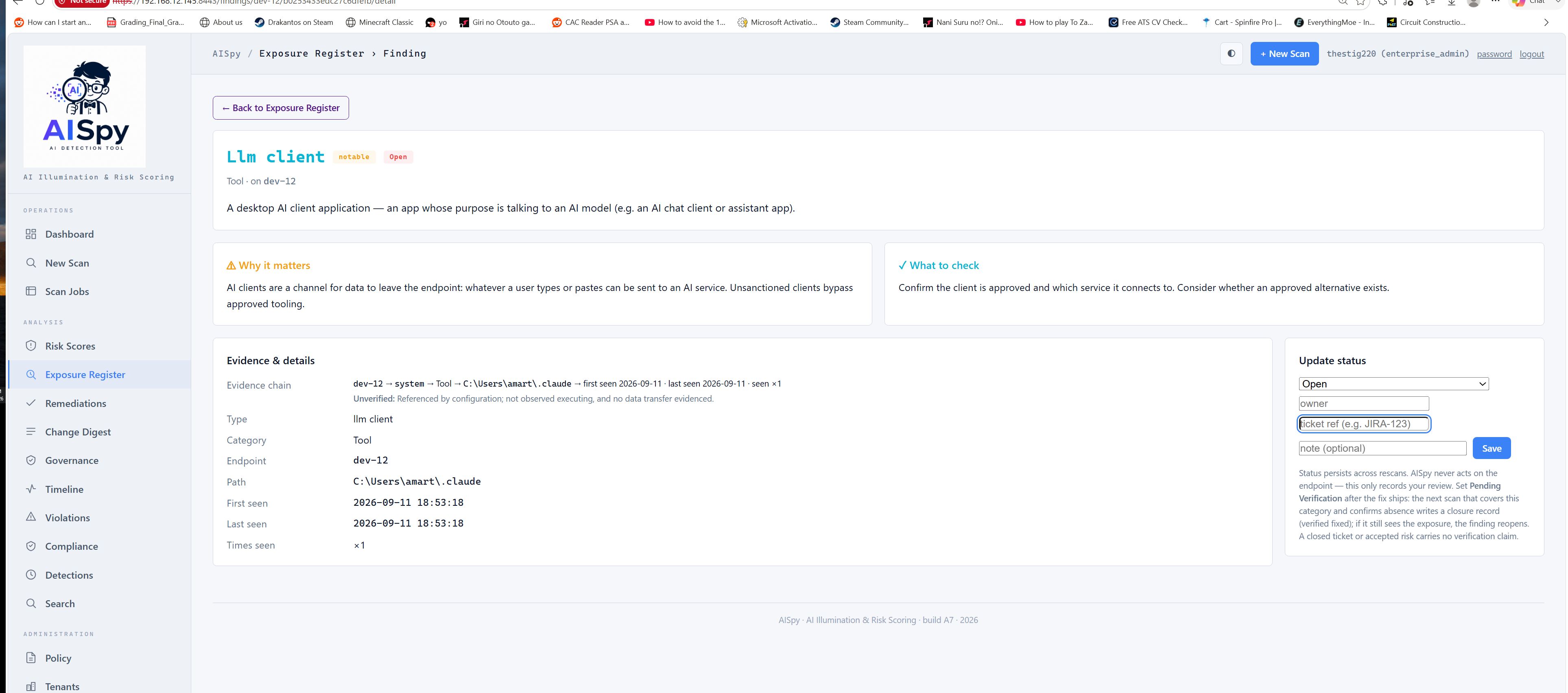 Finding detail page with evidence chain and lifecycle controls.