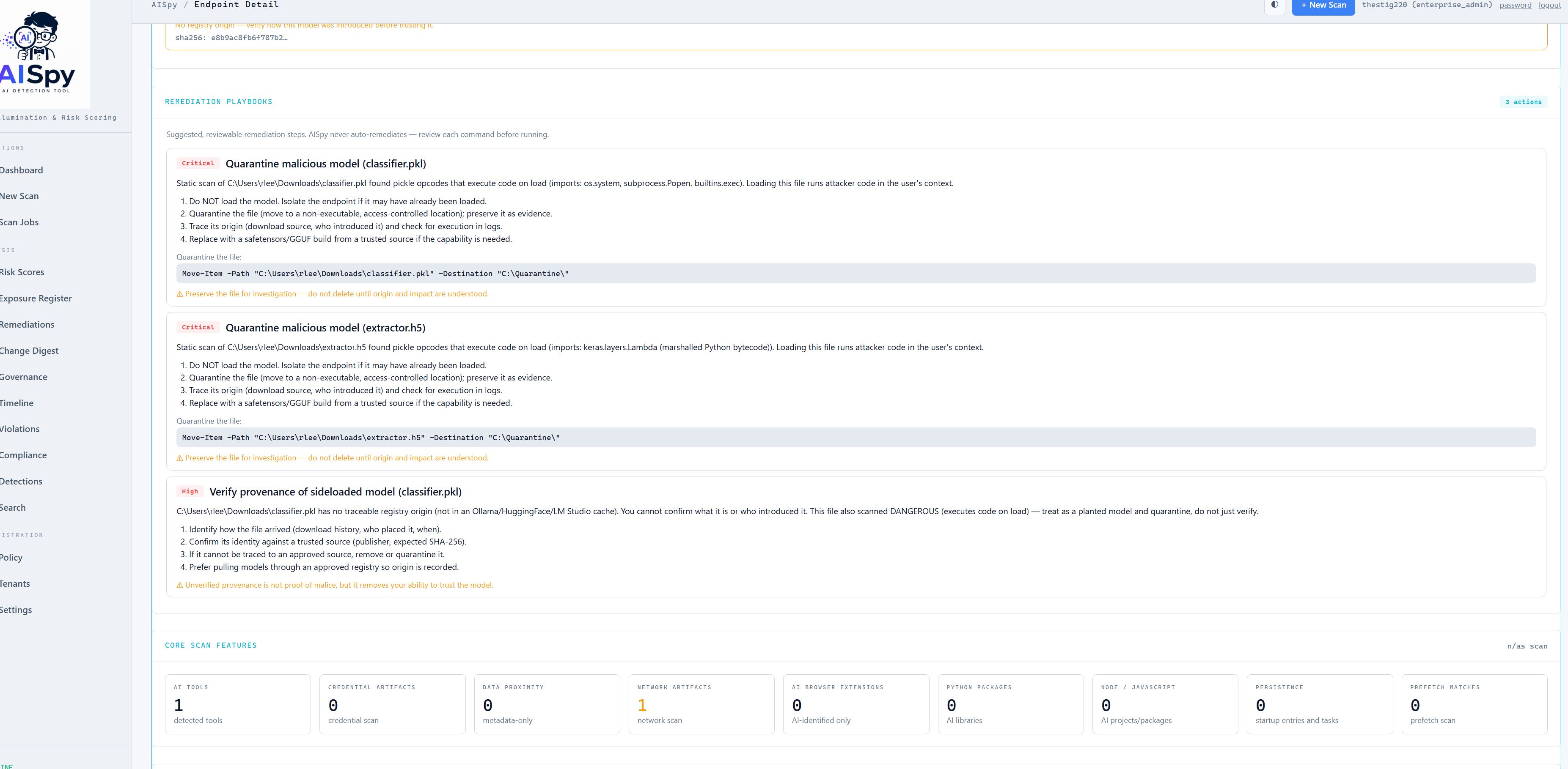 Remediation playbook to quarantine a malicious pickle model that executes code on load.